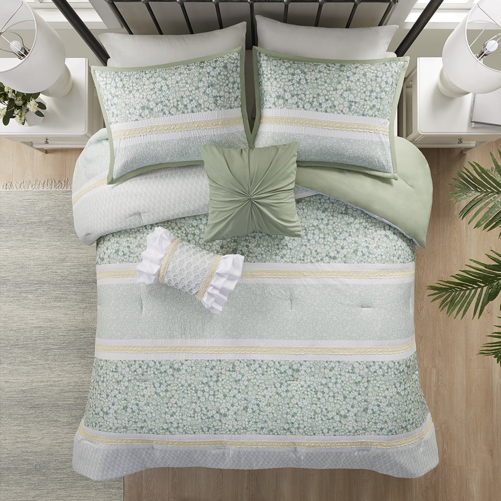 Floral Botanical Printed Seersucker Comforter Set with Throw Pillows