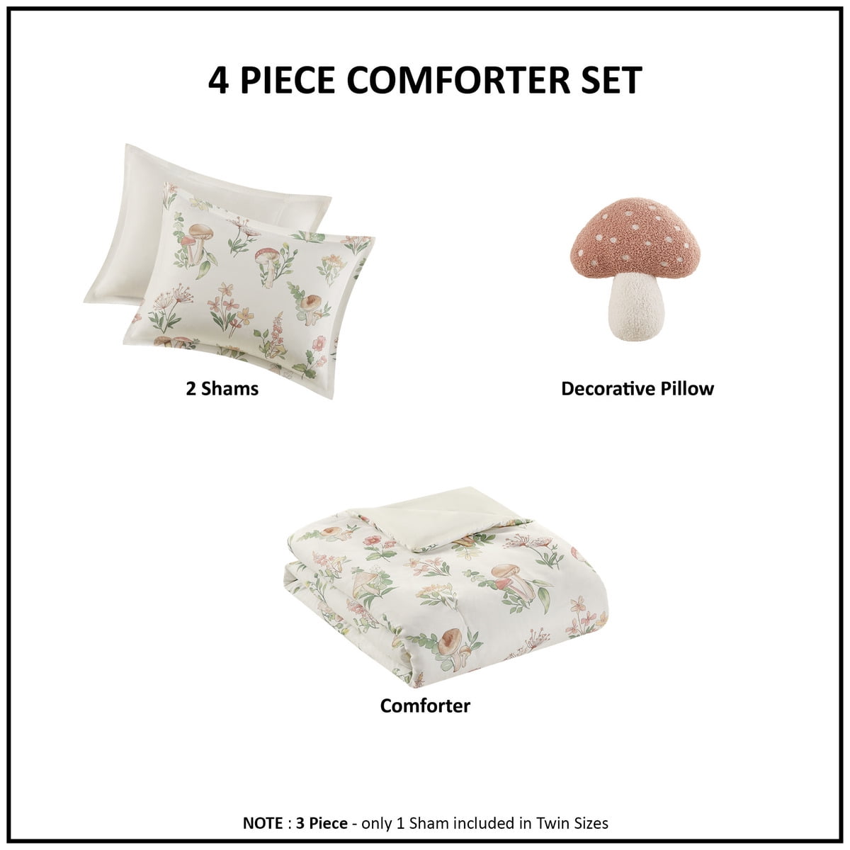 4 Piece Mushroom Garden Printed Bedding Set, Green Floral Comforter Set