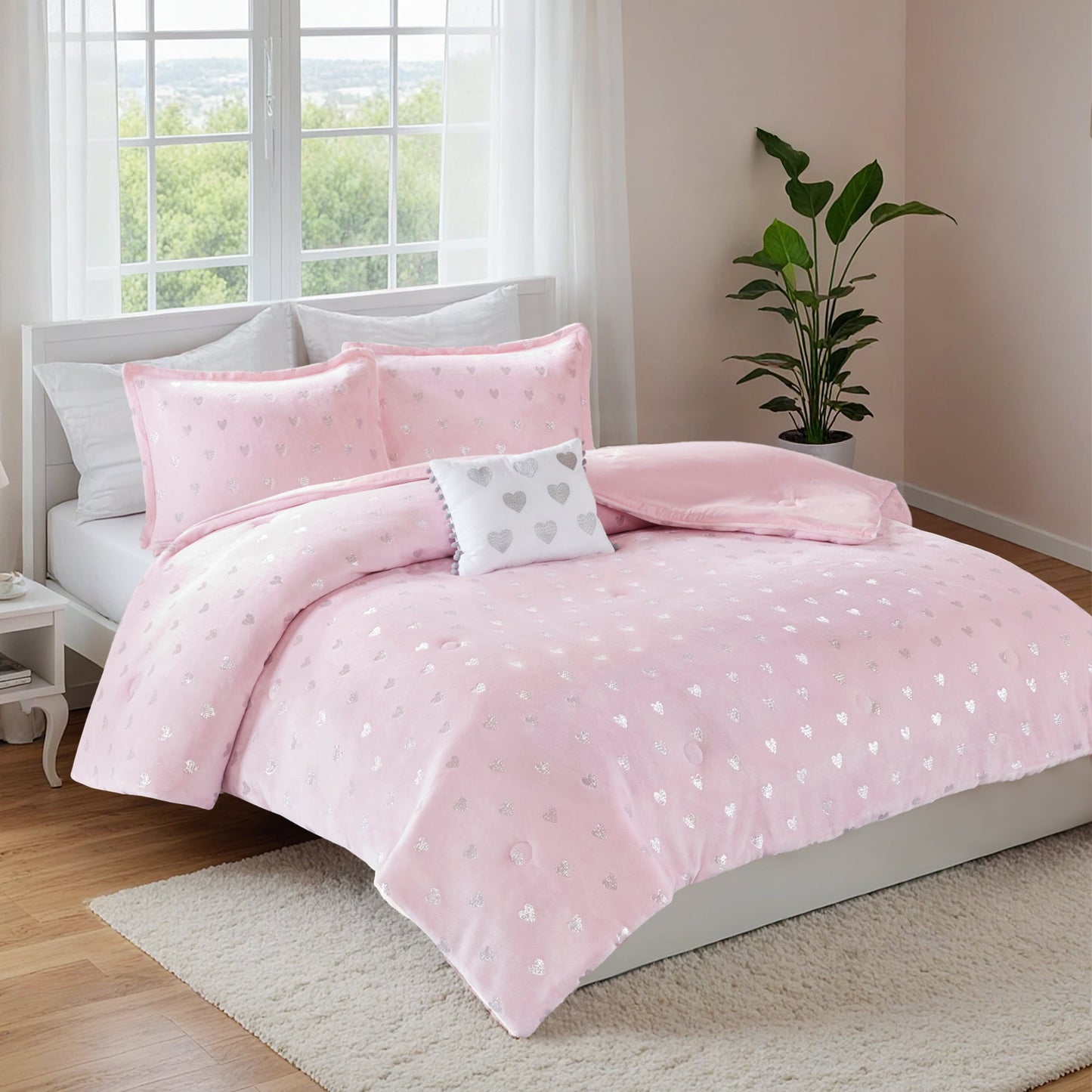 4-Piece Kids Comforter Set, Metallic Printed Plush Dorm Comforter Bedding Set