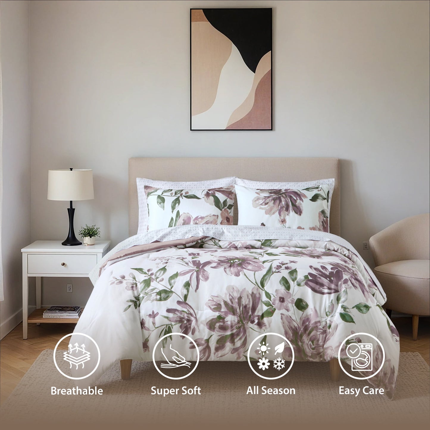 7-Piece Floral Comforter Set, Soft Brushed Bed in A Bag with Bed Sheets, Mauve
