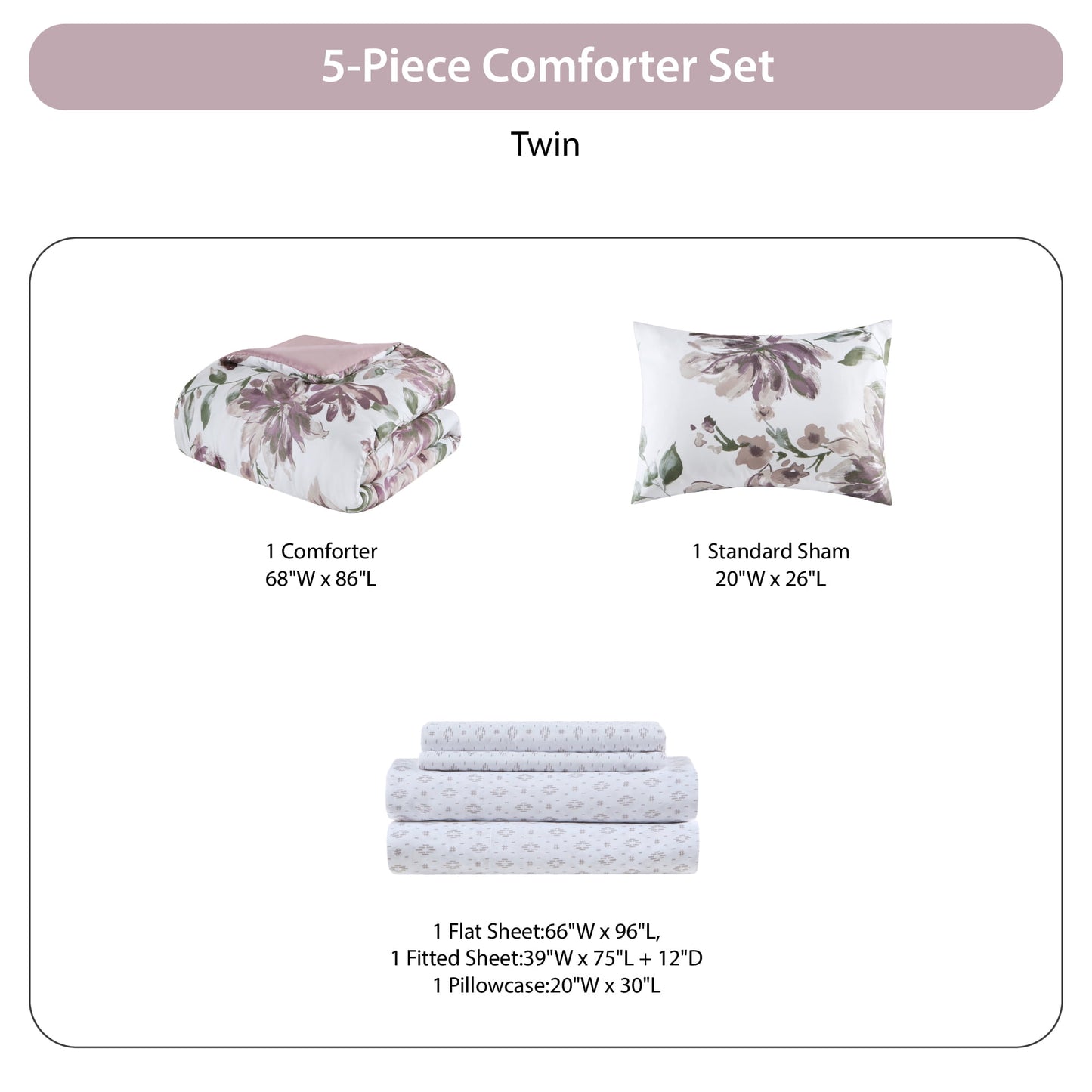 7-Piece Floral Comforter Set, Soft Brushed Bed in A Bag with Bed Sheets, Mauve