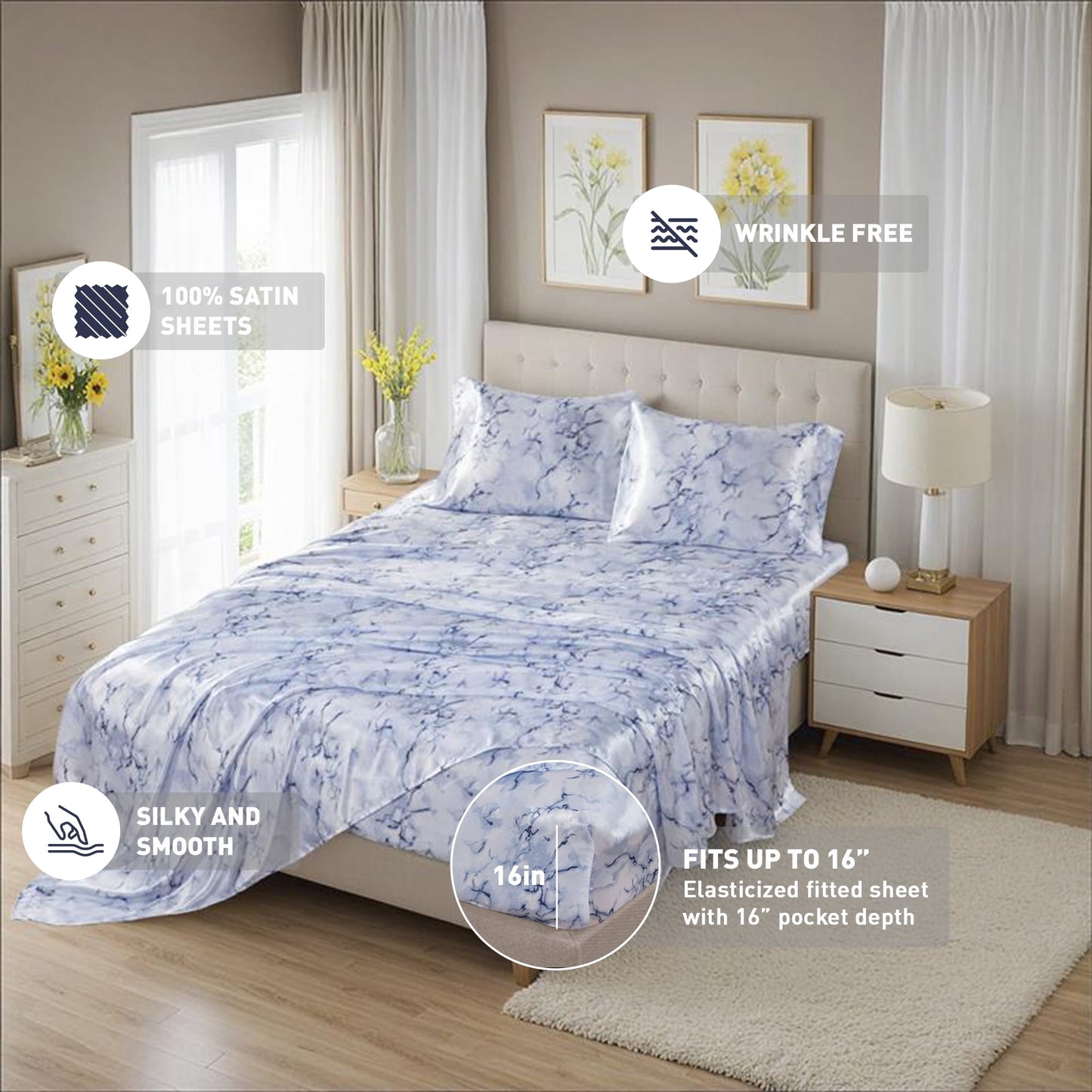 Printed Satin Bed Sheets, 3-Piece Luxury Silky Bedding Sets with Pillowcase