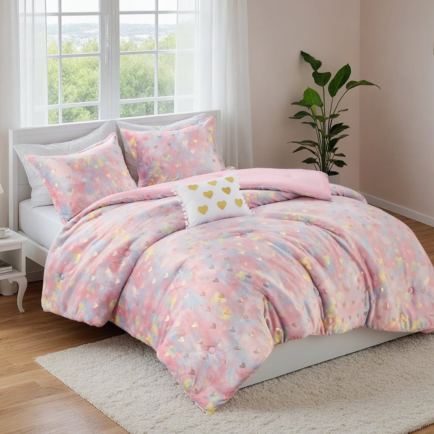 4-Piece Kids Comforter Set, Metallic Printed Plush Dorm Comforter Bedding Set