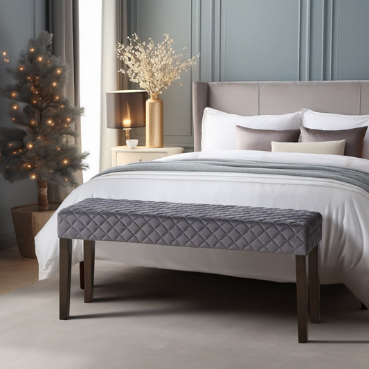Diamond Quilted Moroccan Design Upholstered Accent Bedroom Bench with Wooden Legs