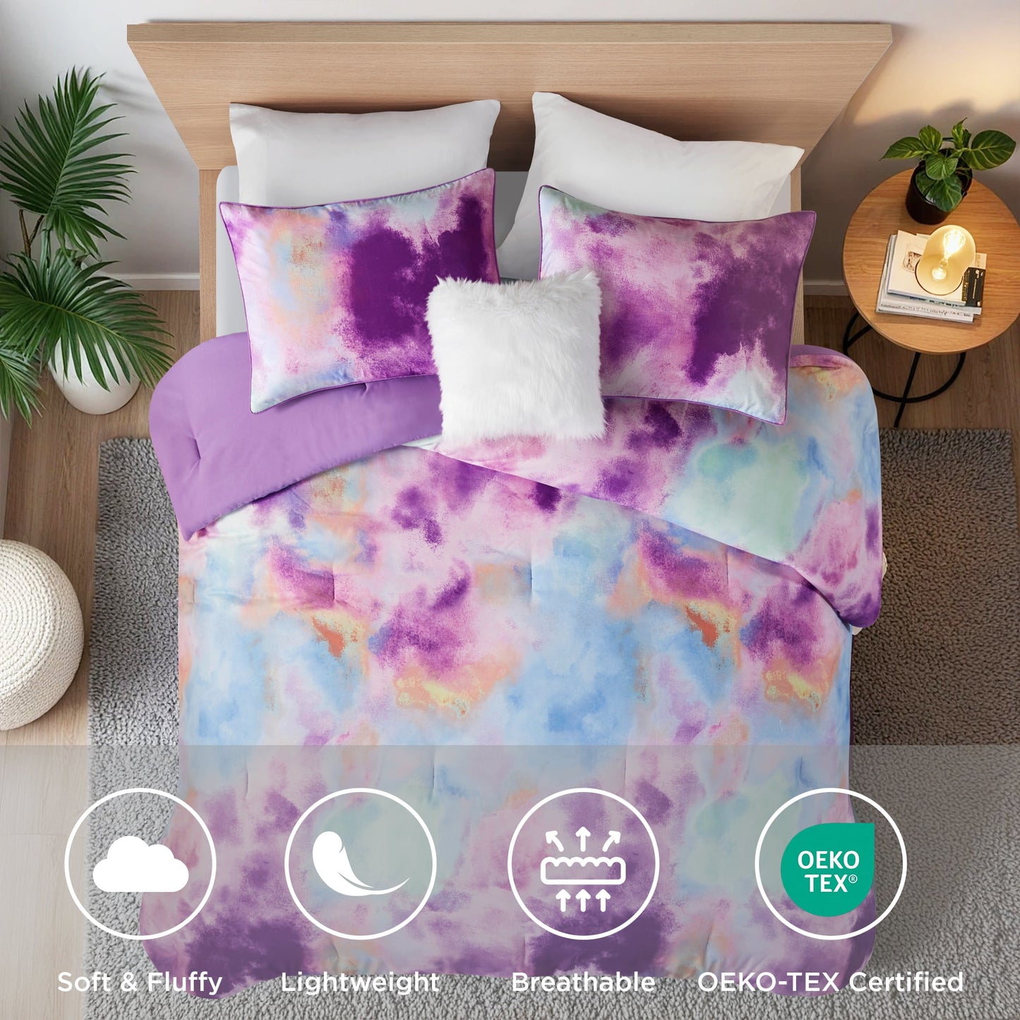 4 Piece Watercolor Tie Dye Printed Bedding Set, Comforter Set with Throw Pillow