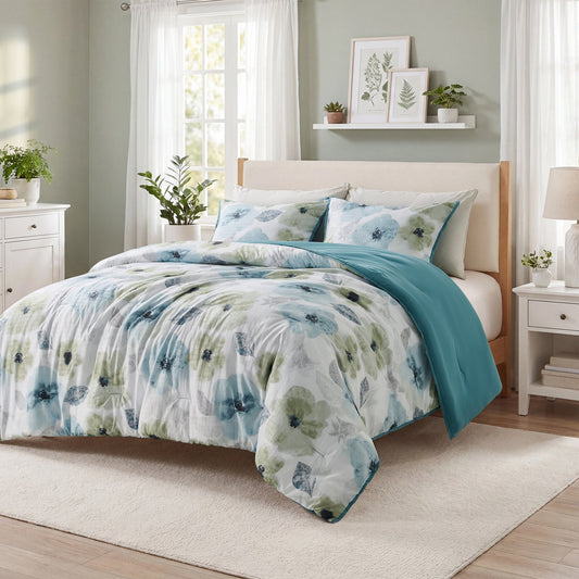 Reversible Floral Bedding Set, Cozy Botanical Flowers Seersucker Comforter Bed Set with Sheets and Pillowcases