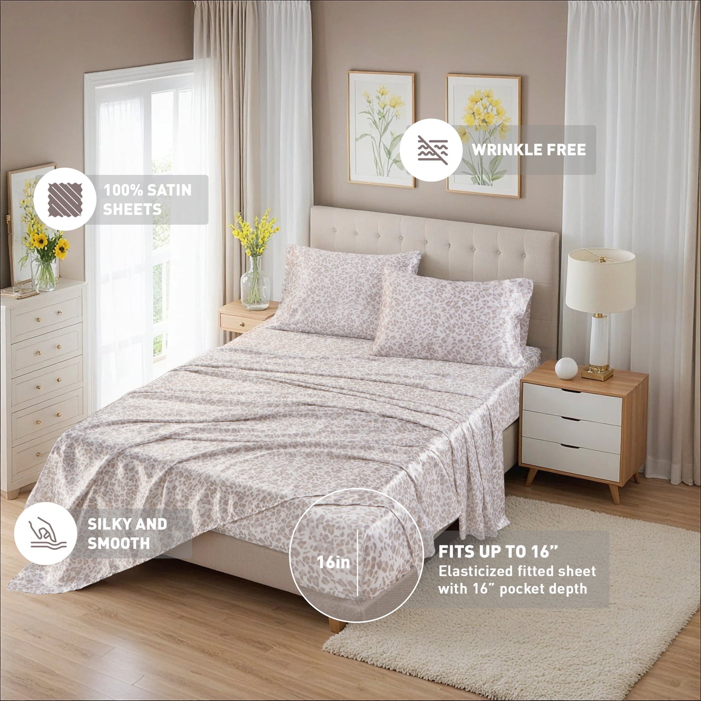 Printed Satin Bed Sheets, 3-Piece Luxury Silky Bedding Sets with Pillowcase