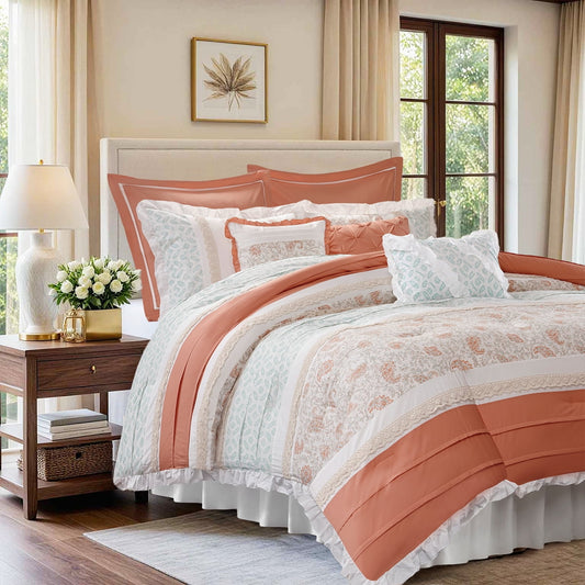 Cotton Comforter Set with Lace Taping Pintucked Printed Bed Bedding Set