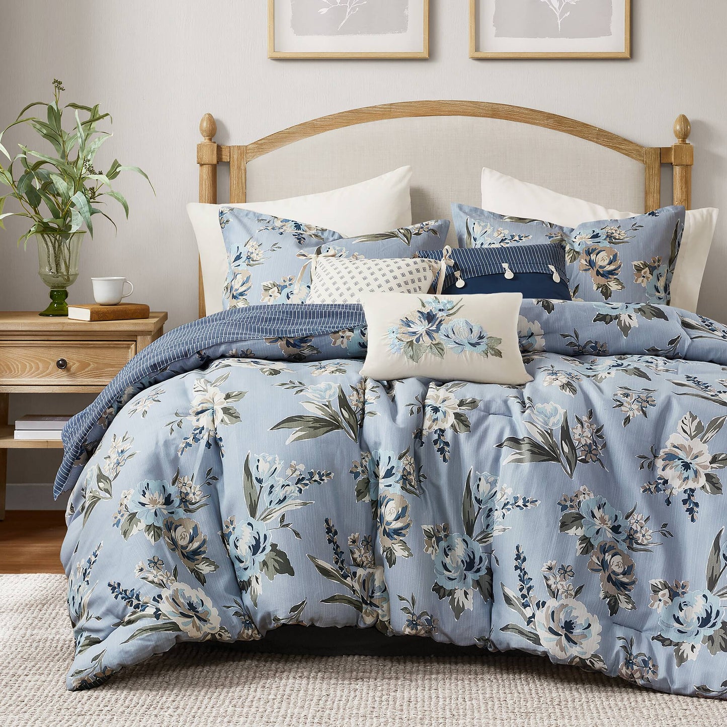 7 Piece Vintage Floral Reversible Comforter Set with Striped Reverse