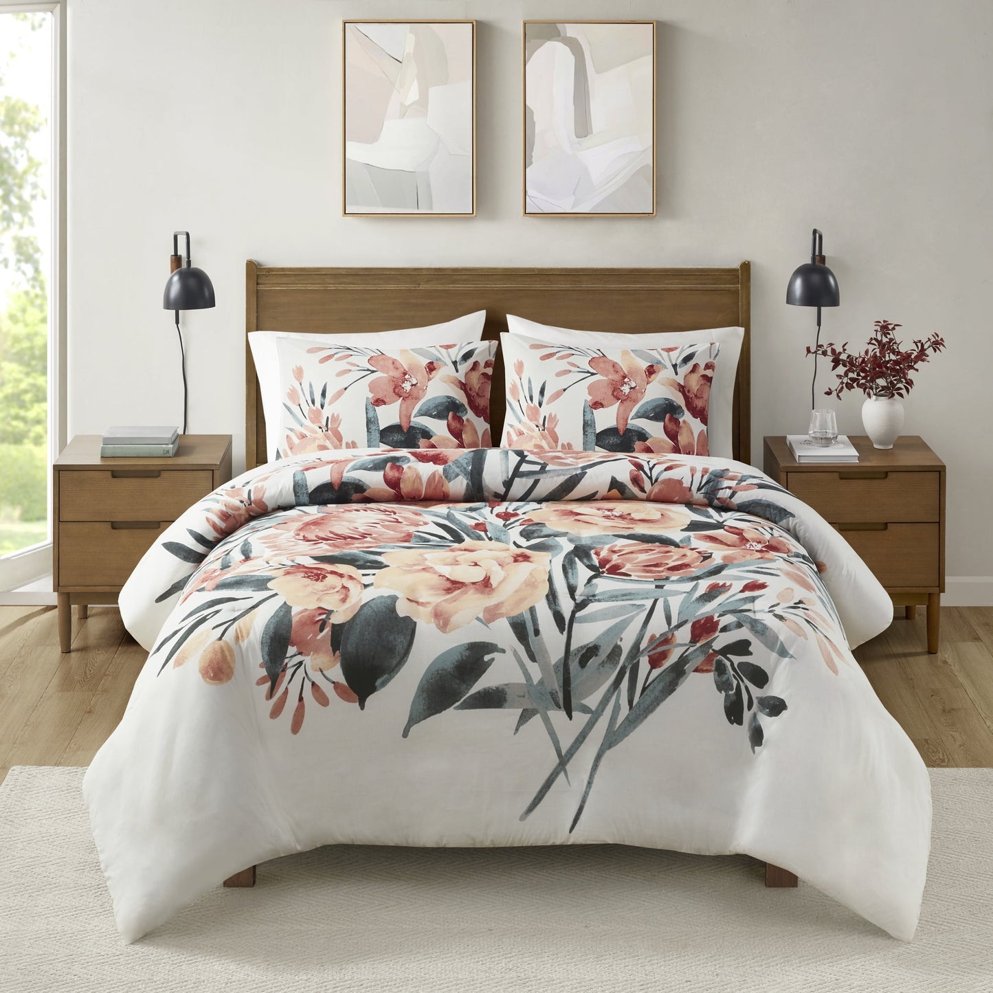 Full/Queen 3 Piece Floral Cotton Duvet Cover Set - Peach/Off-White