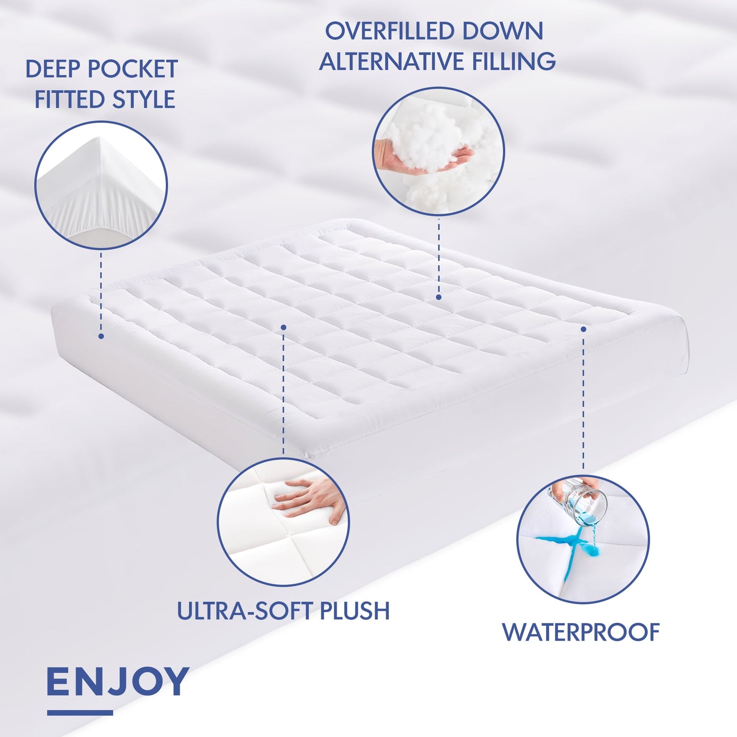 White Quilted Fitted Mattress Pad Cover with Deep Pocket, Waterproof Mattress Protector, Cloud Soft Down Alternative Mattress Cover, Machine Washable
