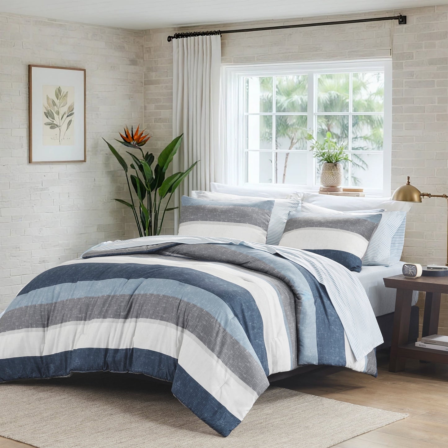 7 Piece Stripe Comforter Set, Bed in a Bag Bedding Set with Flat Sheet and Fitted Sheet, Blue Grey