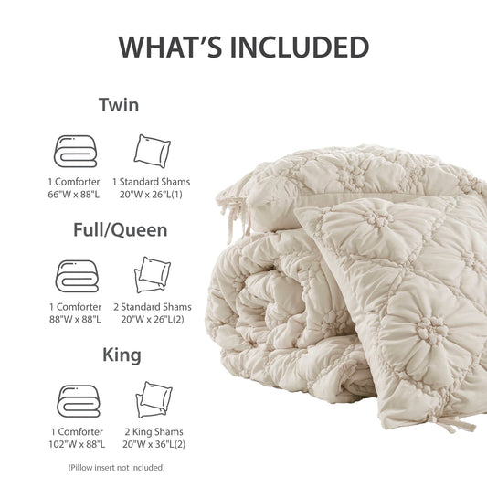 Floral Puffy Bow Tie Bedding Set, Comforter Set with Sham