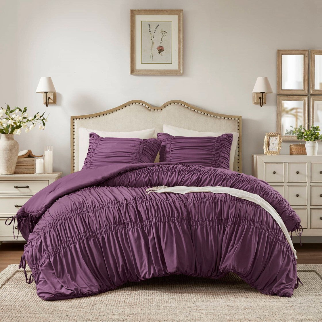 Romantic French Country Ruched Plush Comforter Set with Bow Ties
