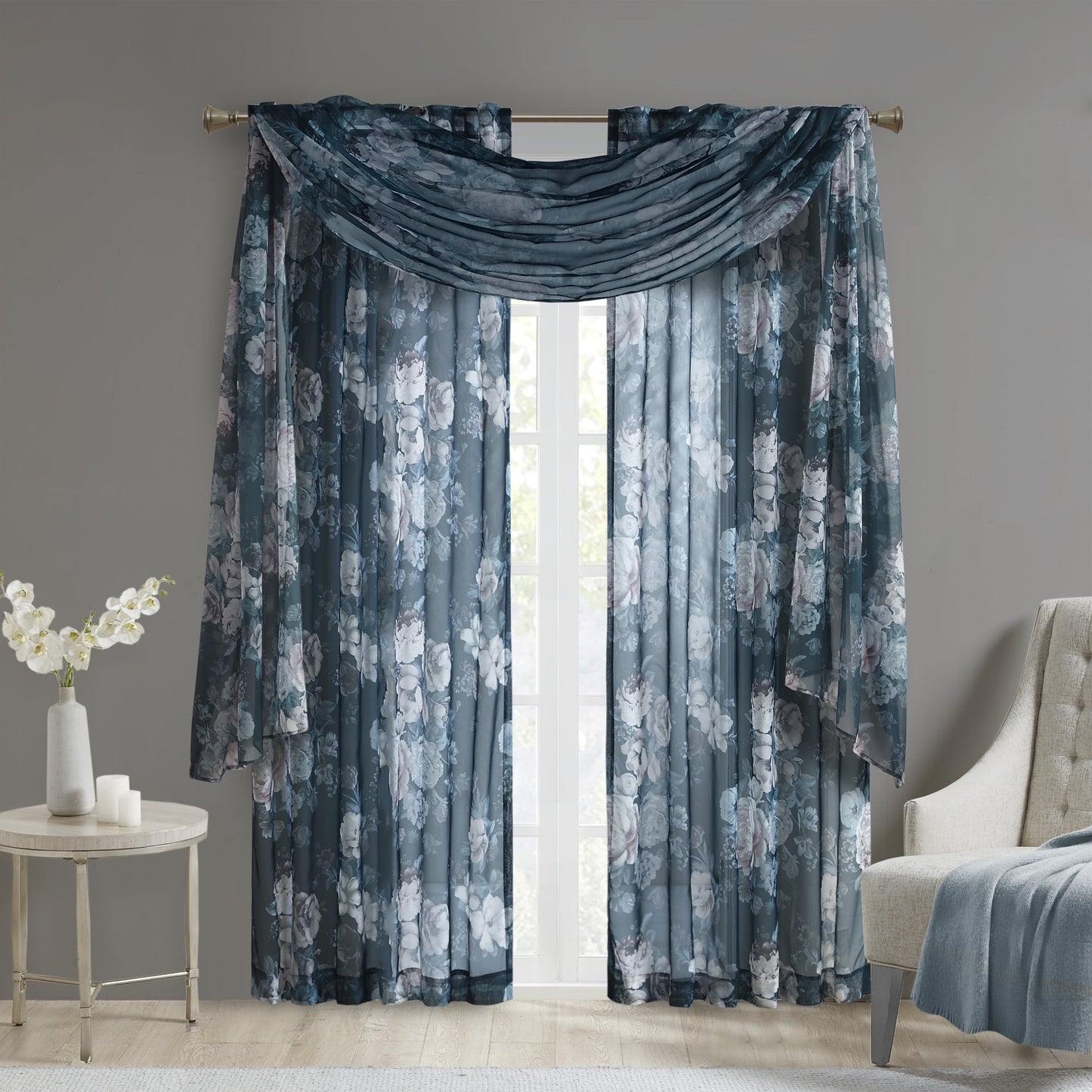 Printed Floral Rod Pocket and Back Tab Voile Sheer, Navy