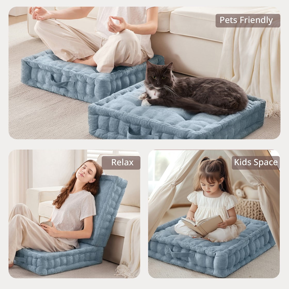 Tufted Floor Pillow for Seating, Square Meditation Cushion with Handle