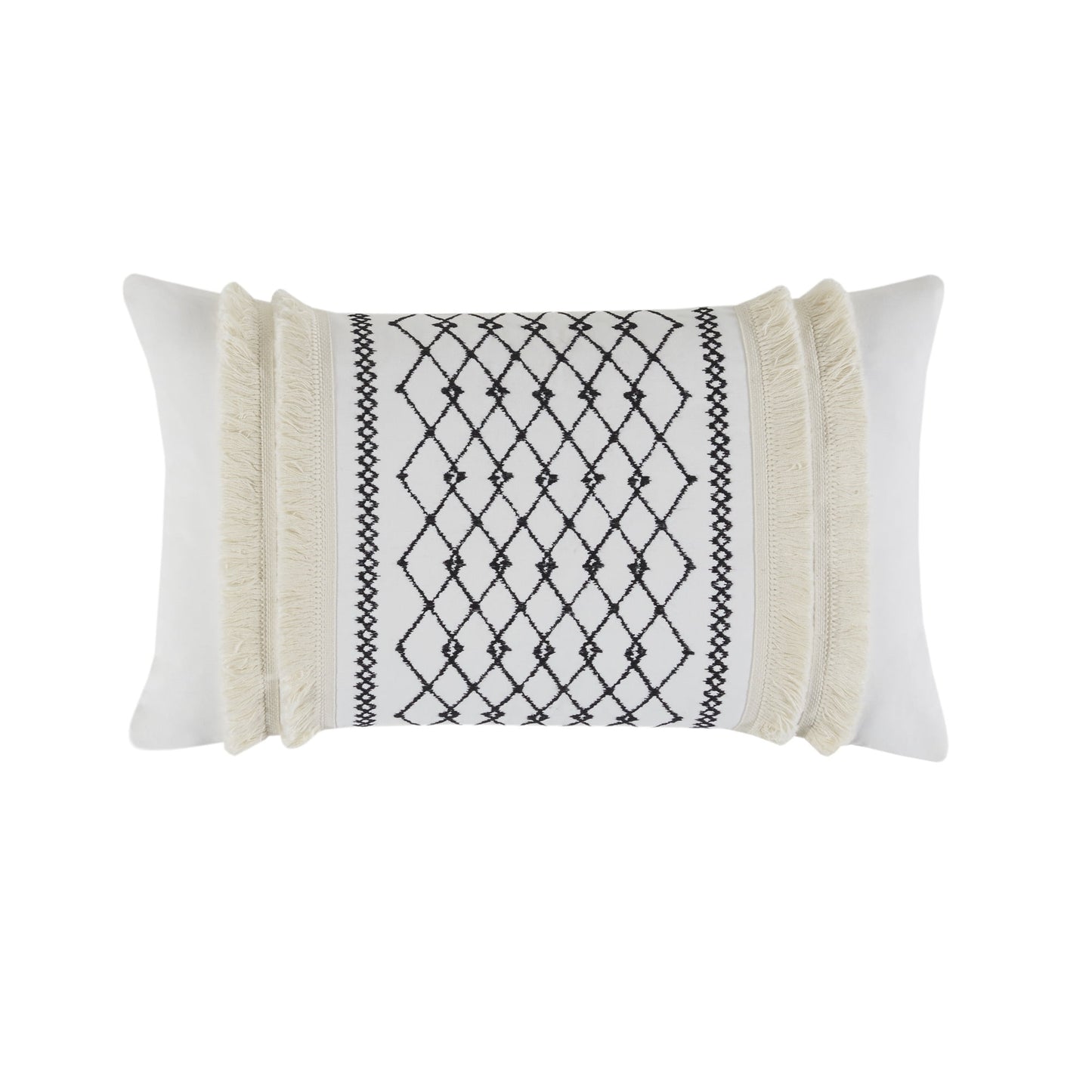Oblong Embroidered Cotton Oblong Pillow with Tassels, Ivory