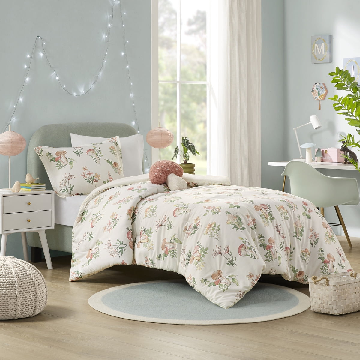 4 Piece Mushroom Garden Printed Bedding Set, Green Floral Comforter Set