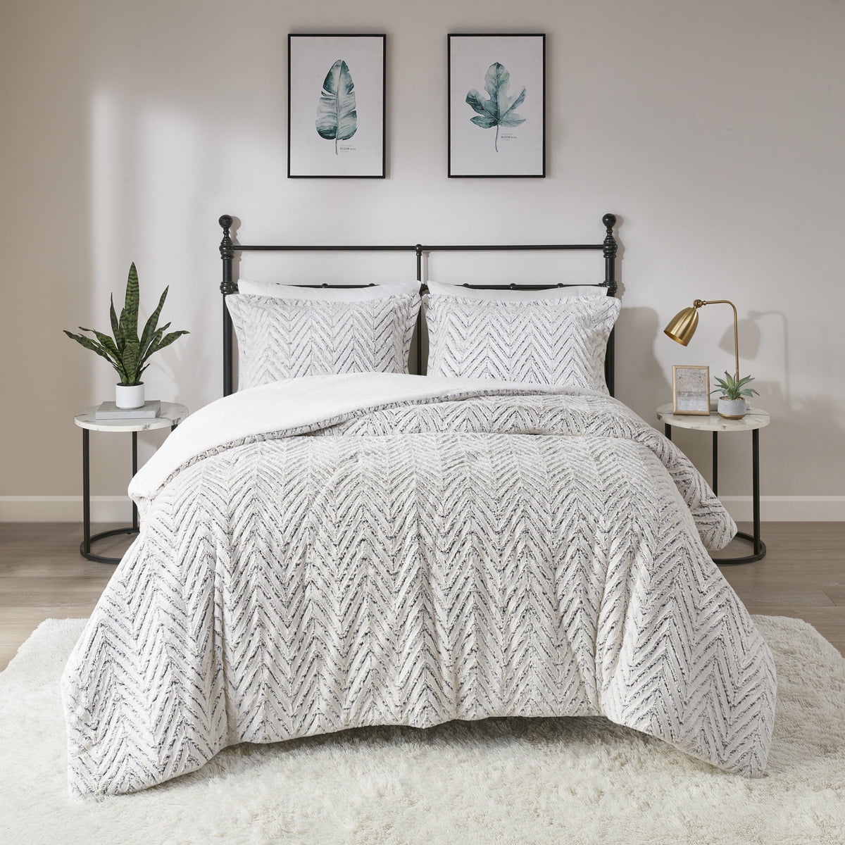 Back Print Brushed Fur Duvet Cover Set - Ivory