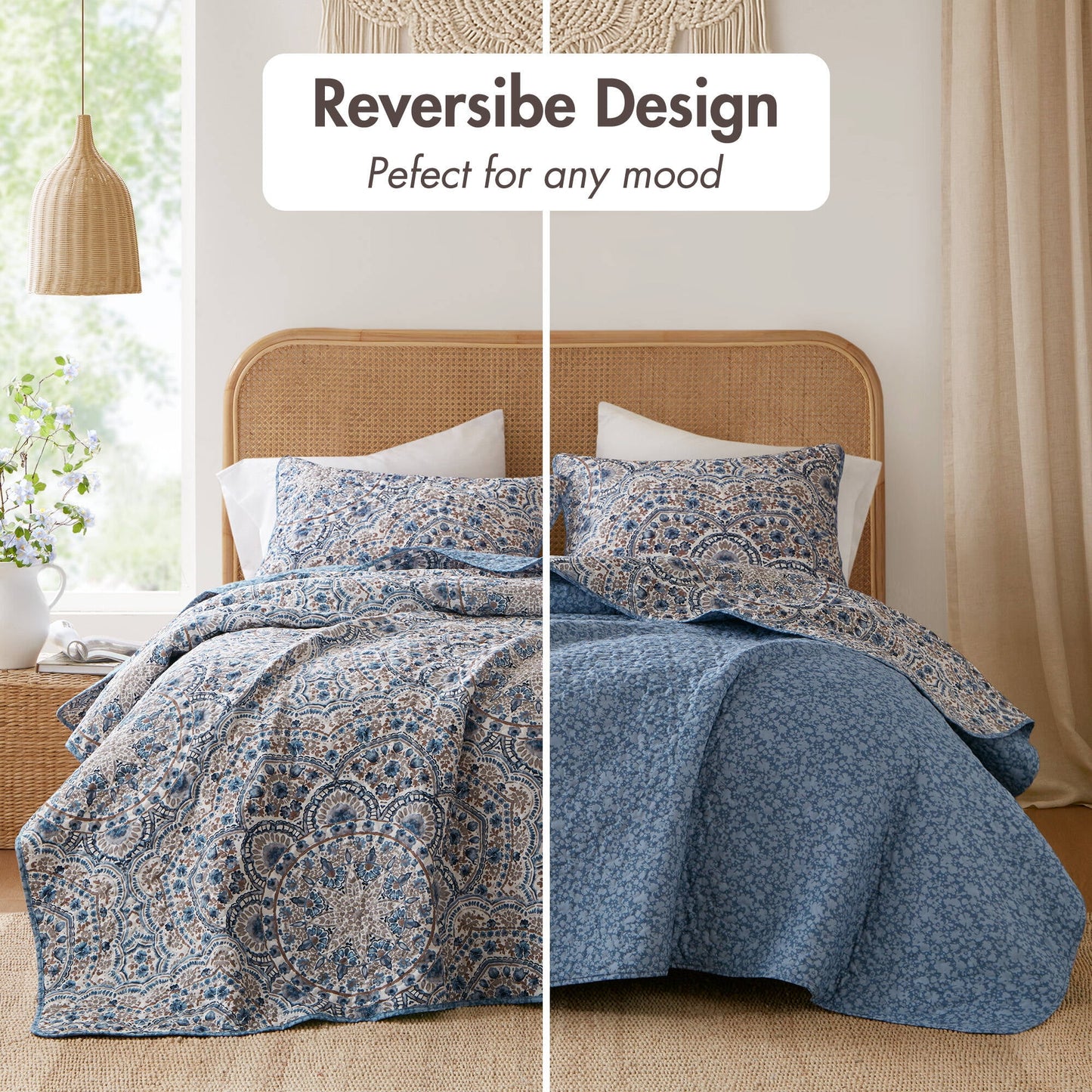 3-Piece Floral Boho Quilt Set, Reversible Bedding Set
