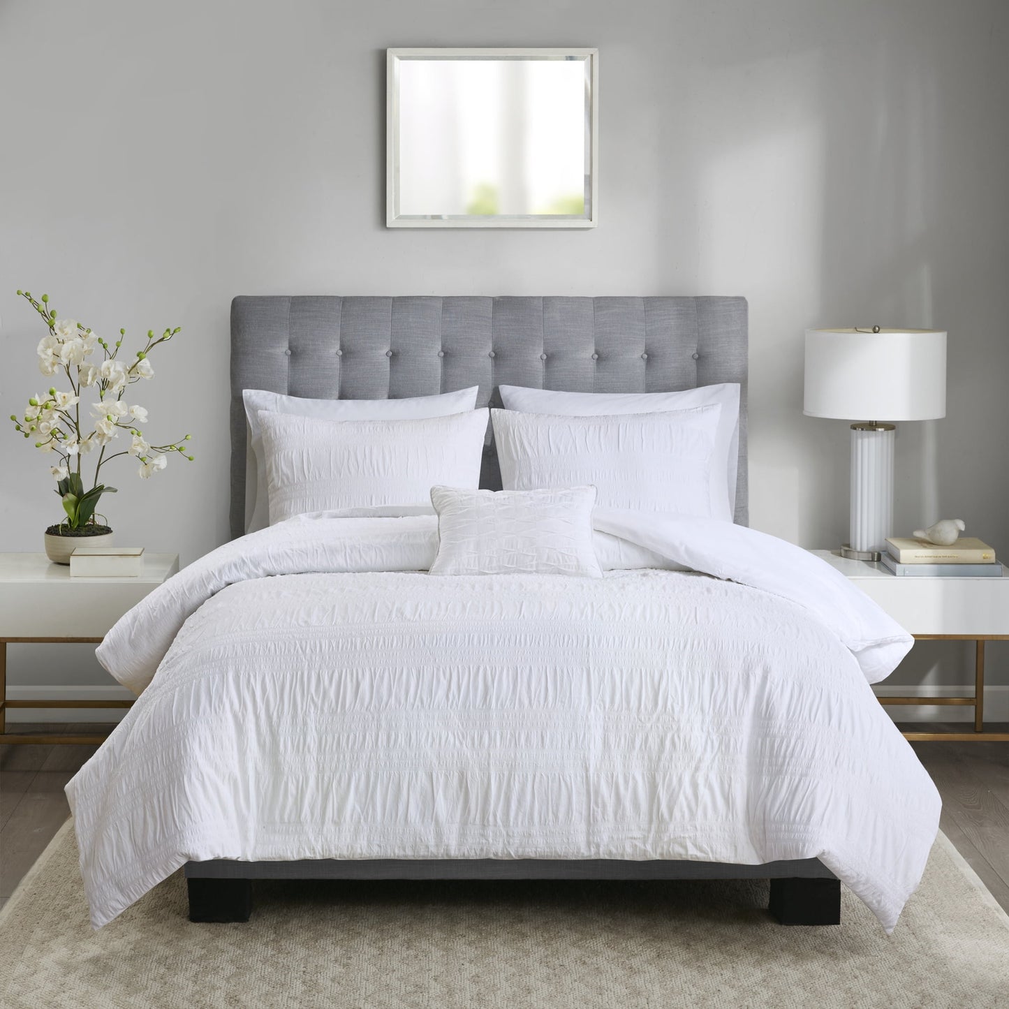 4 Piece Cotton Seersucker Duvet Cover Set, King/Cal King, White