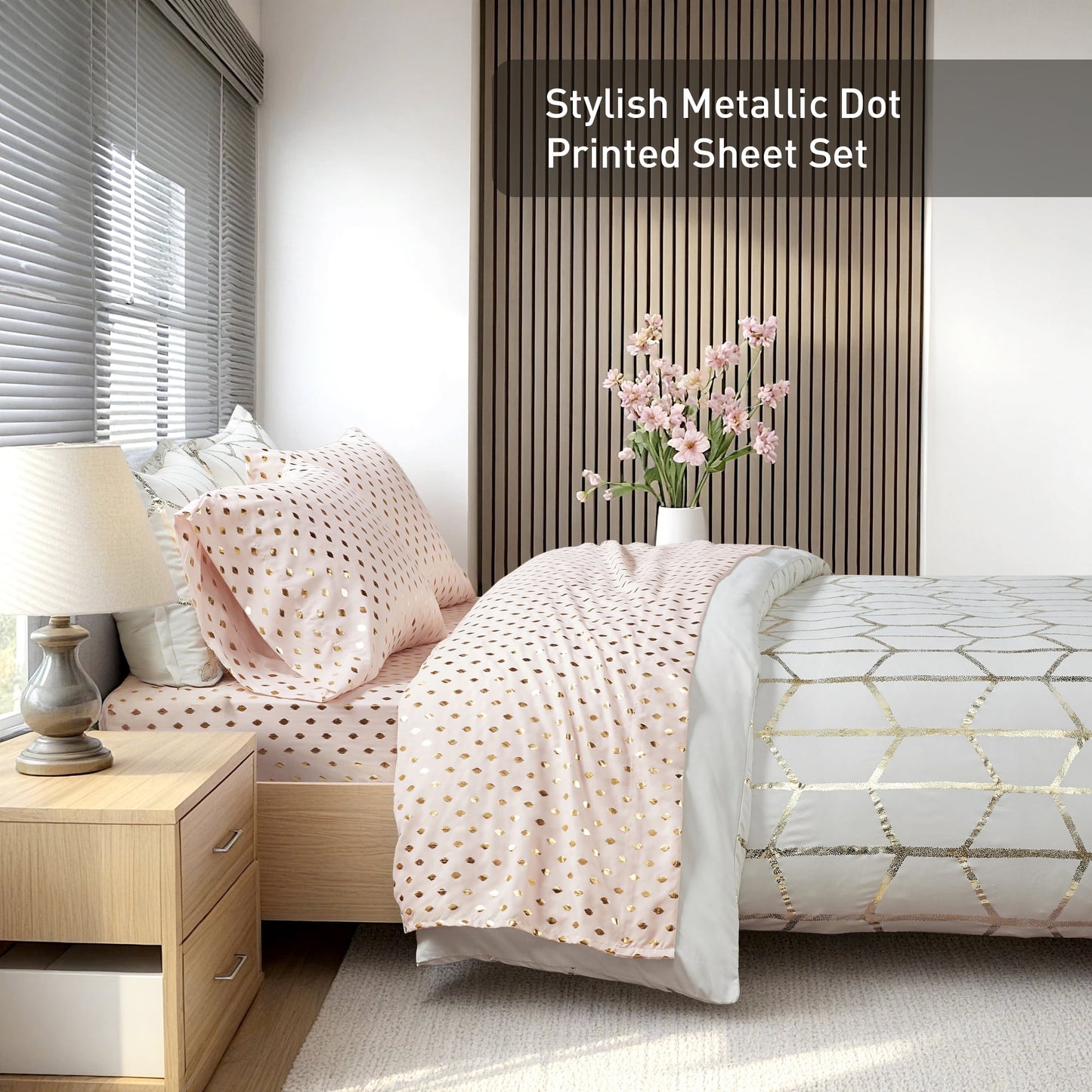 4-Piece Bed Sheets with Pillowcase, Metallic Polka Dots Printed Sheet Bedding Sets for Kids