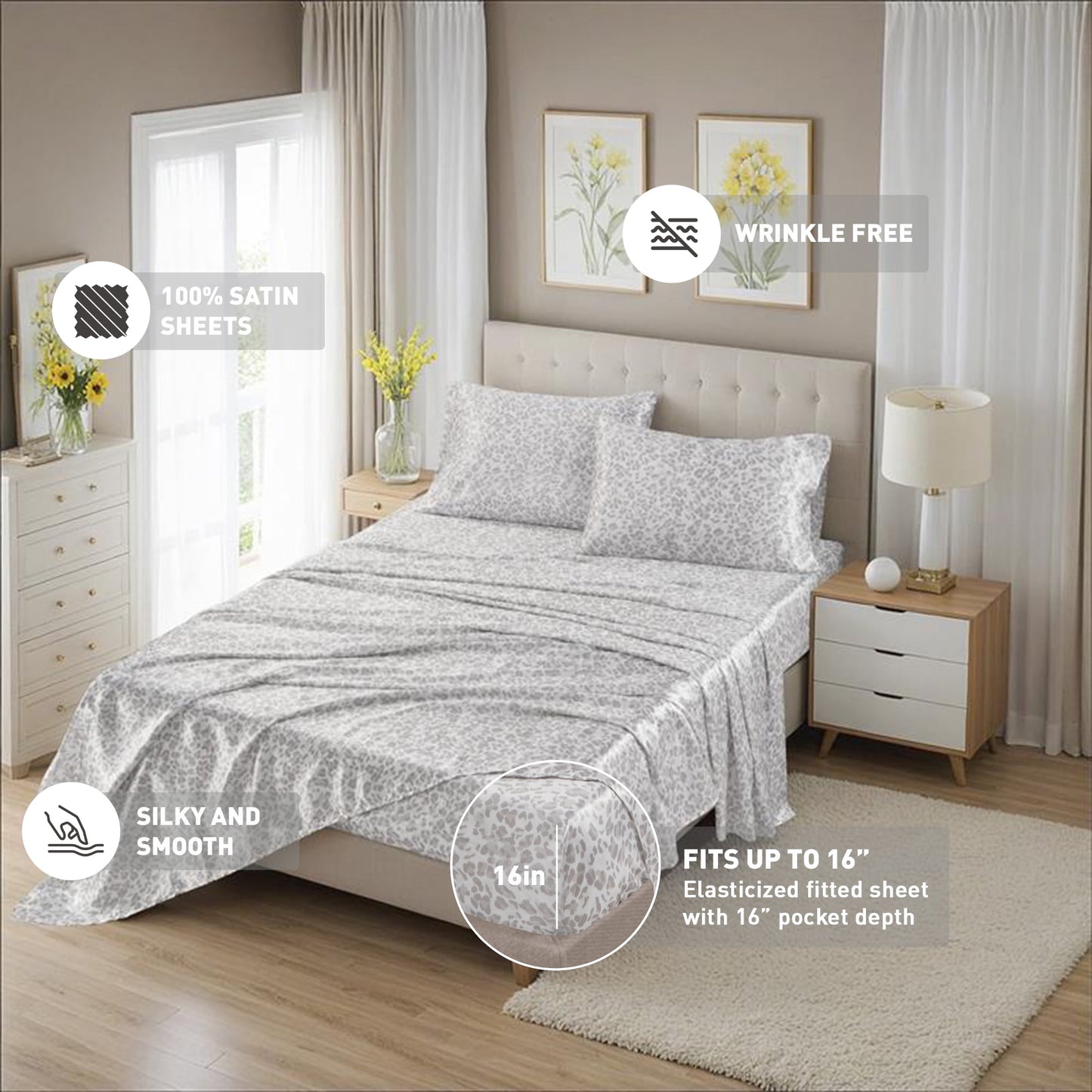 Printed Satin Bed Sheets, 3-Piece Luxury Silky Bedding Sets with Pillowcase