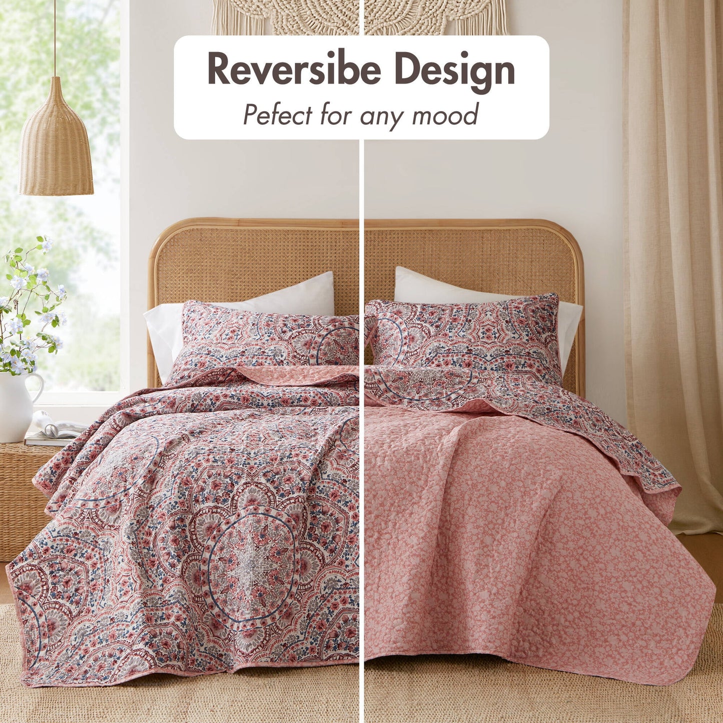 3-Piece Floral Boho Quilt Set, Reversible Bedding Set