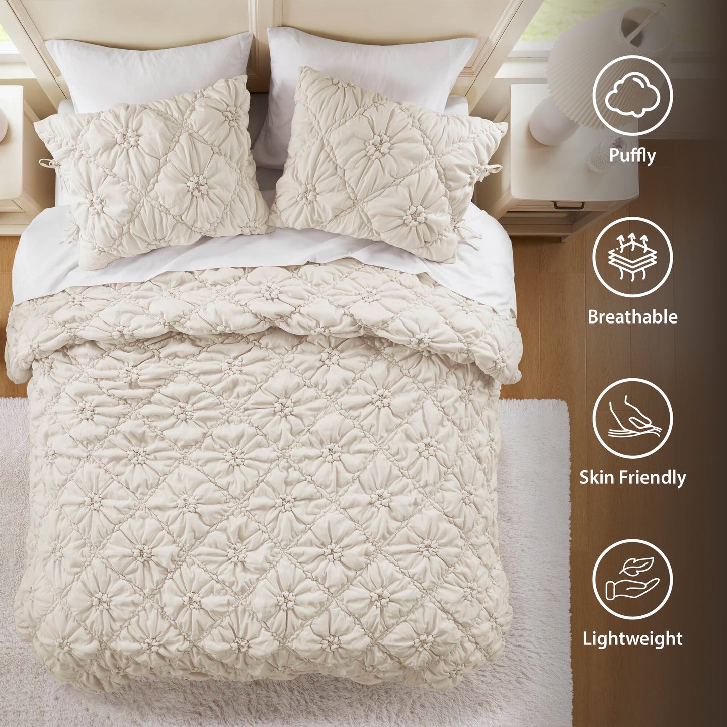 Floral Puffy Bow Tie Bedding Set, Comforter Set with Sham