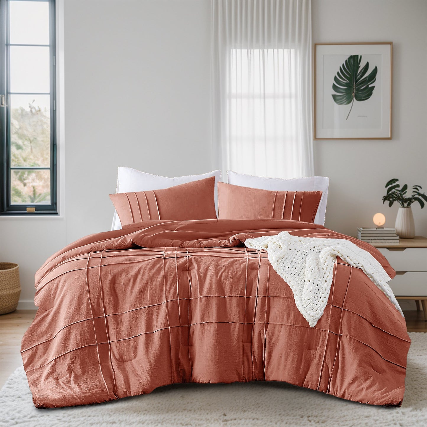 3-Piece Floral Puffy Bow Tie Bedding Set, Pink Comforter Set with Sham