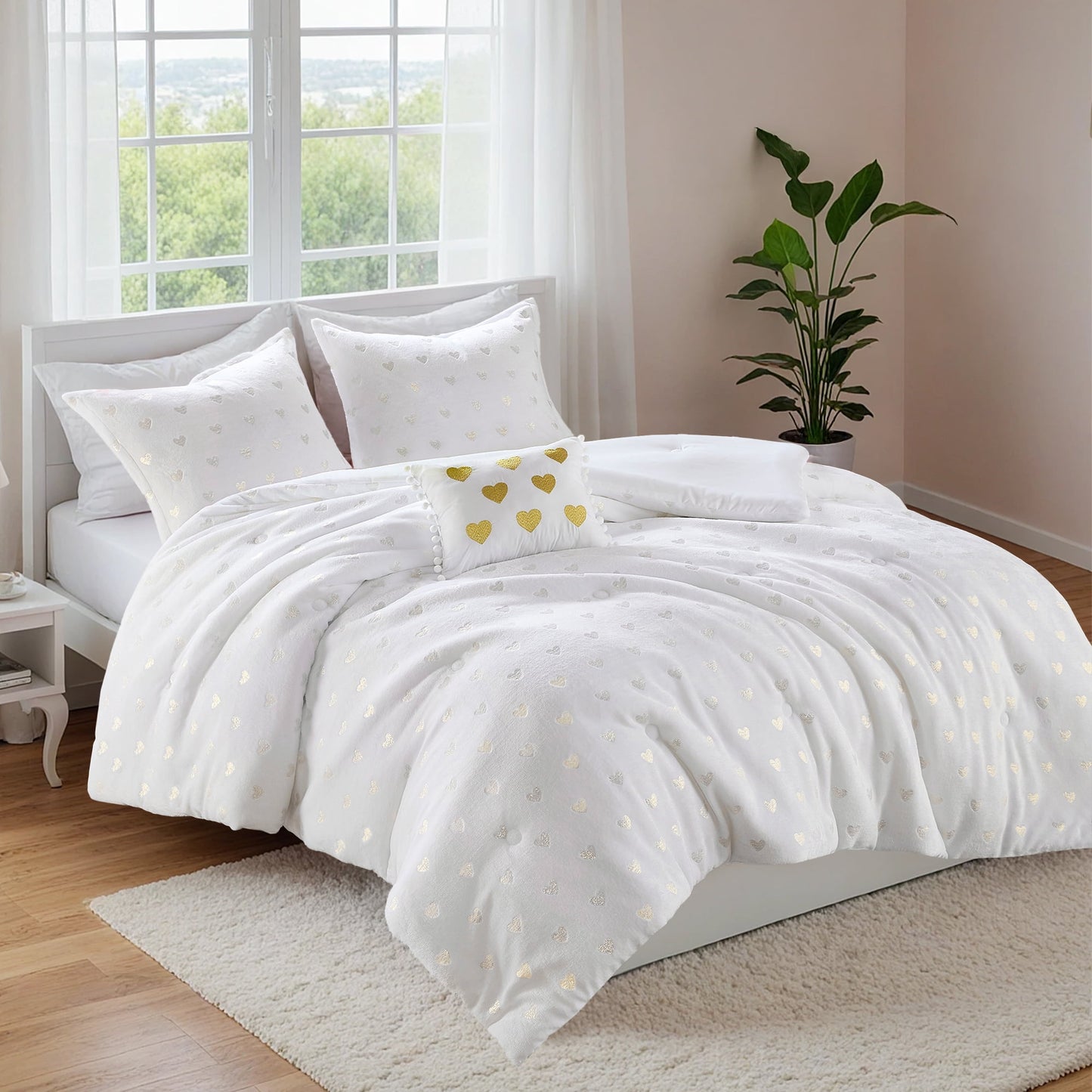 4-Piece Kids Comforter Set, Metallic Printed Plush Dorm Comforter Bedding Set