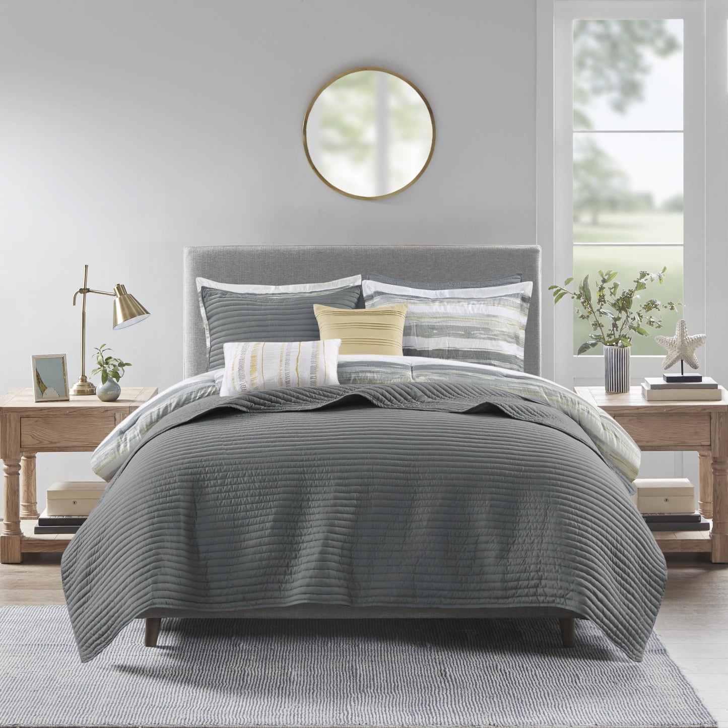 8 Piece Printed Seersucker Comforter and Quilt Set Collection, Yellow