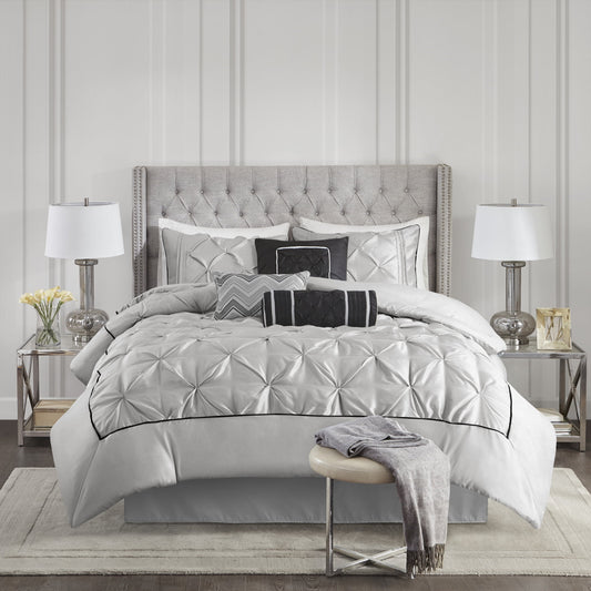 7-Piece Tufted Pintuk Bed in a Bag Bed Set, Satin Luxury Grey Comforter Bedding Set with Decor Pillow