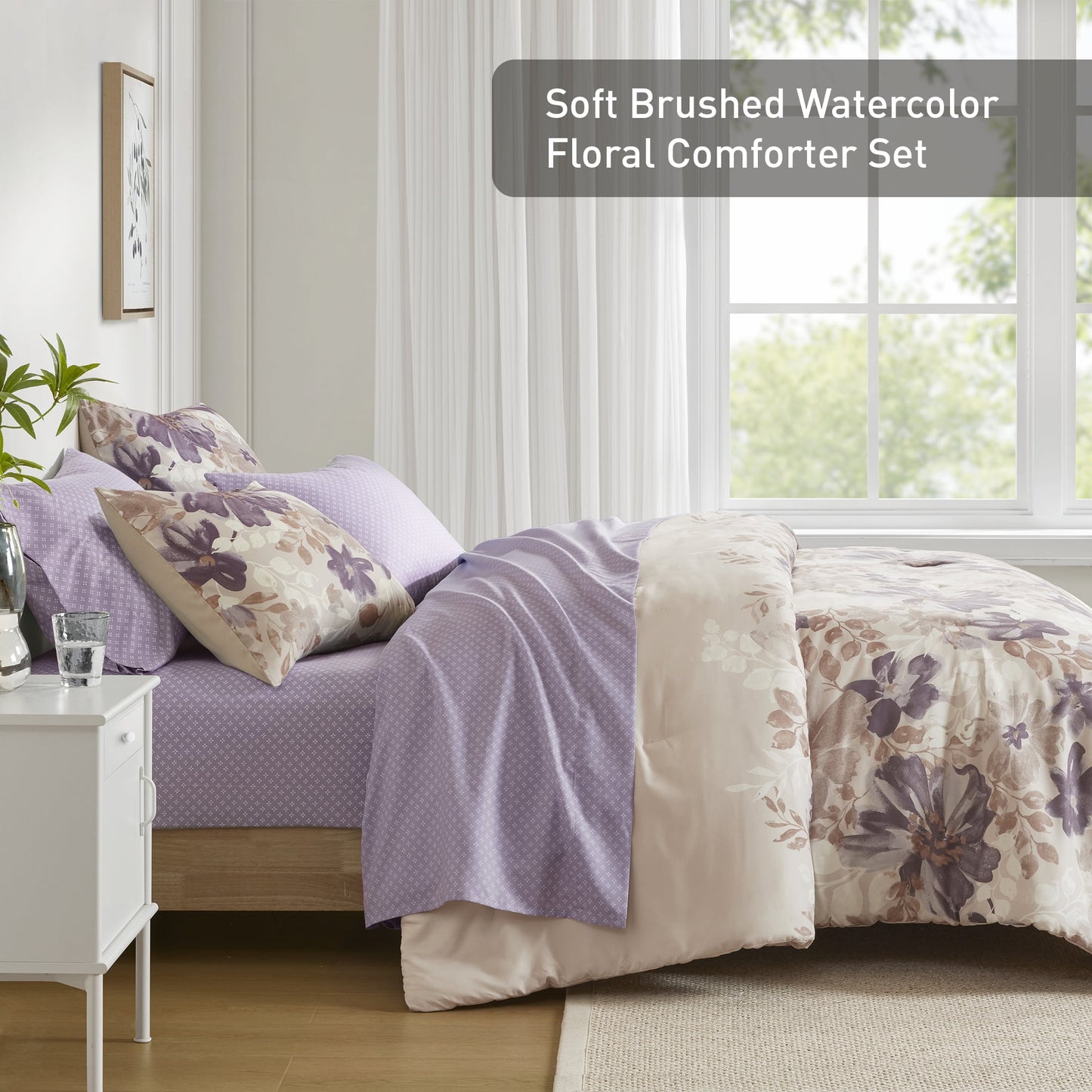Microfiber Comforter Set, Watercolor Flora Print