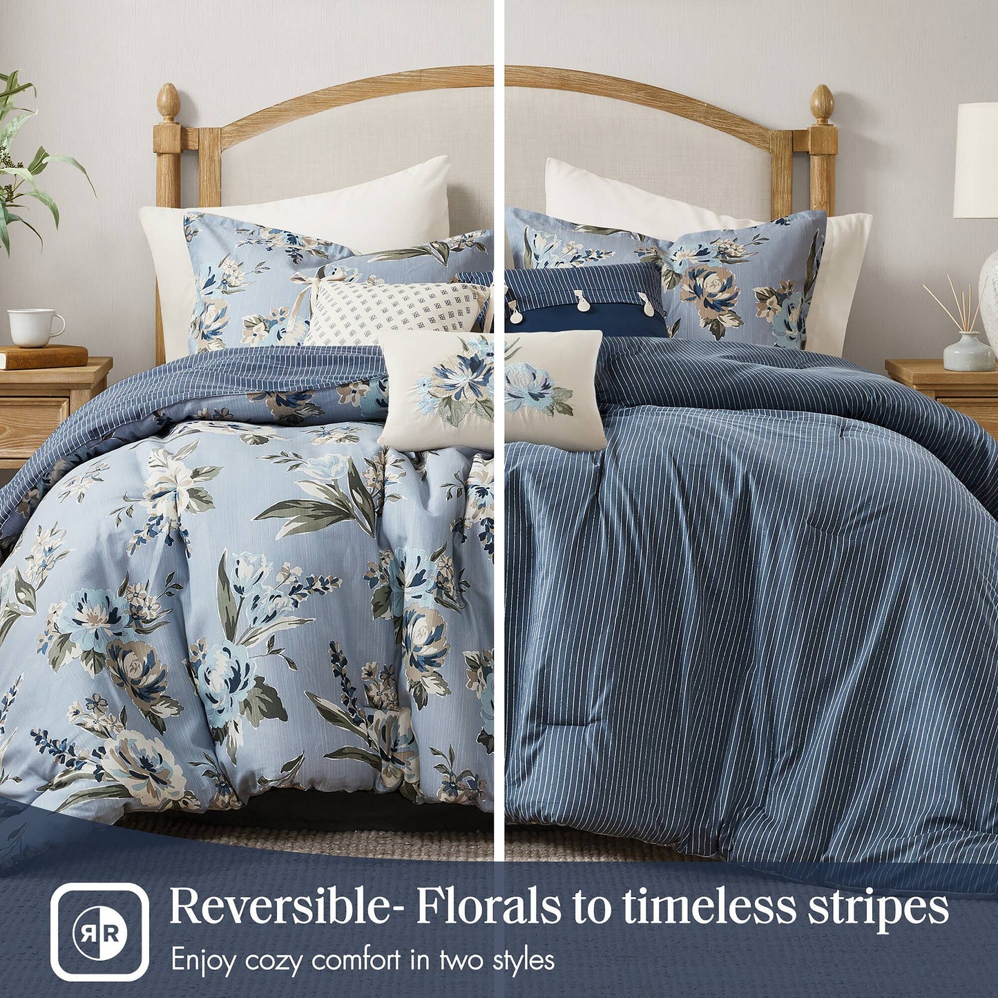 7 Piece Vintage Floral Reversible Comforter Set with Striped Reverse