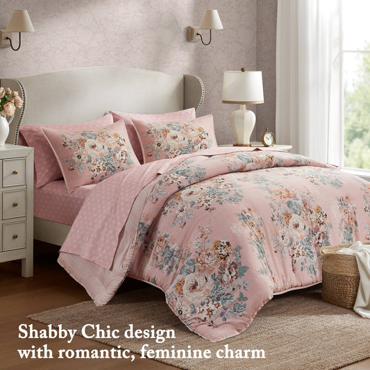 Vintage Floral Bedding Comforter Set with Bed Sheets and Pillowcases for College Dorm
