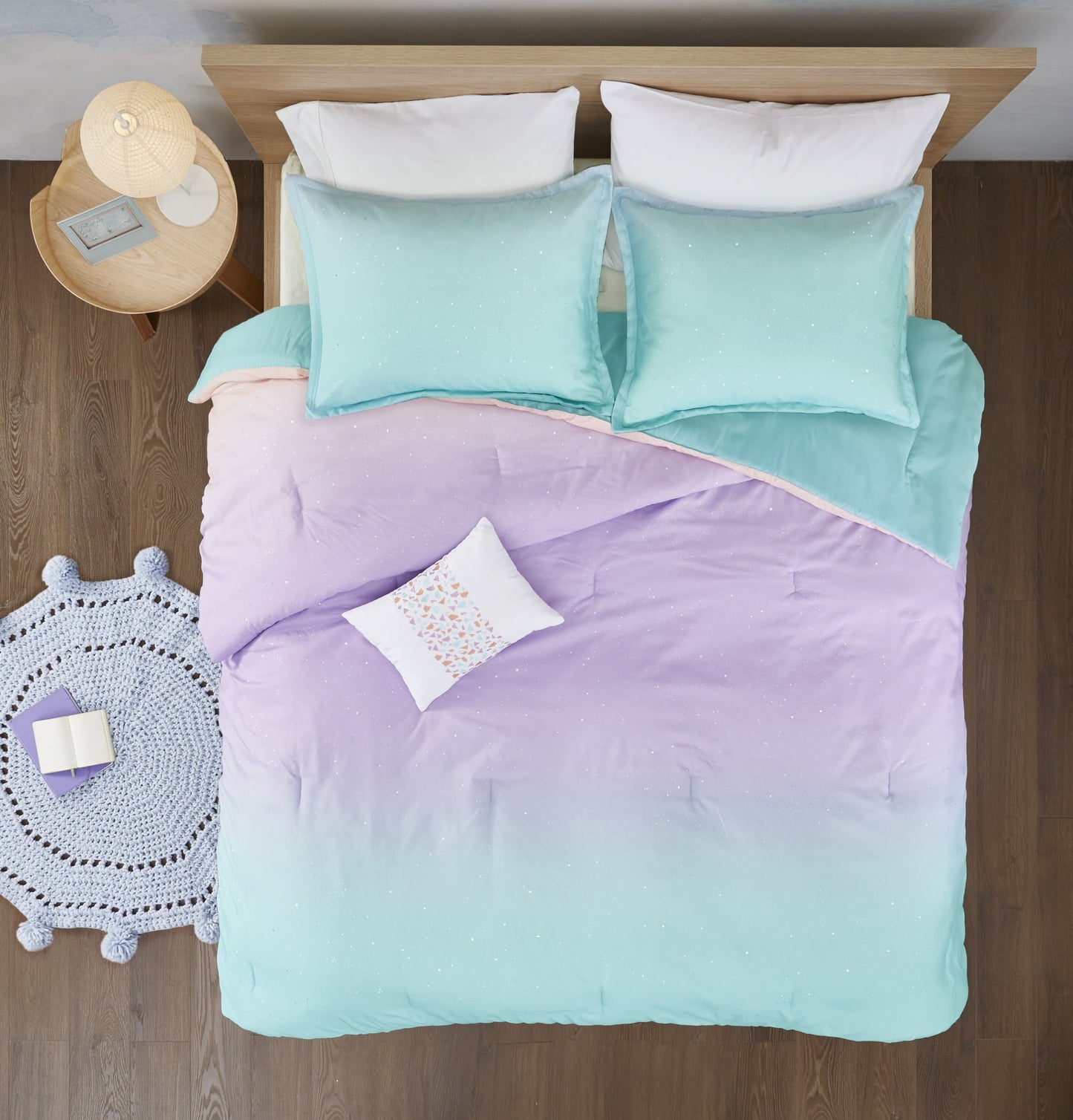 Glimmer Abstract Adult Reversible Comforter Set in Aqua with Metallic Glitter
