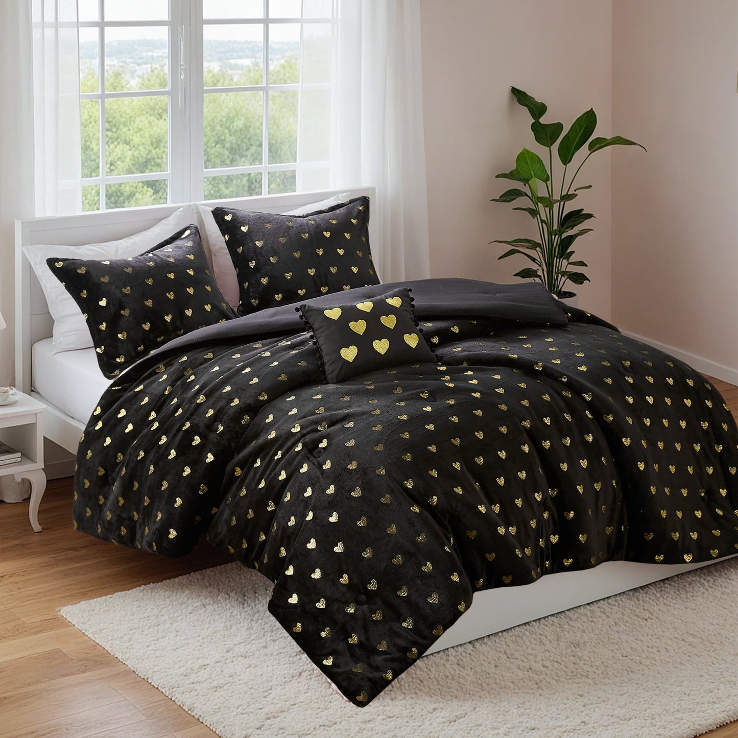 4-Piece Kids Comforter Set, Metallic Printed Plush Dorm Comforter Bedding Set