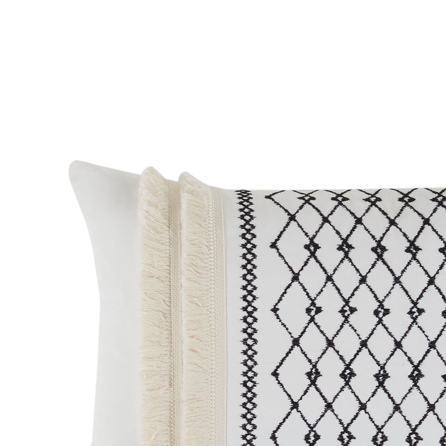 Oblong Embroidered Cotton Oblong Pillow with Tassels, Ivory