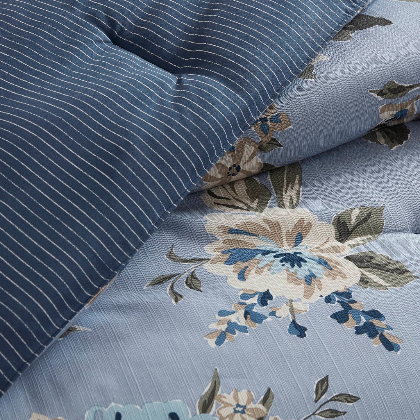7 Piece Vintage Floral Reversible Comforter Set with Striped Reverse