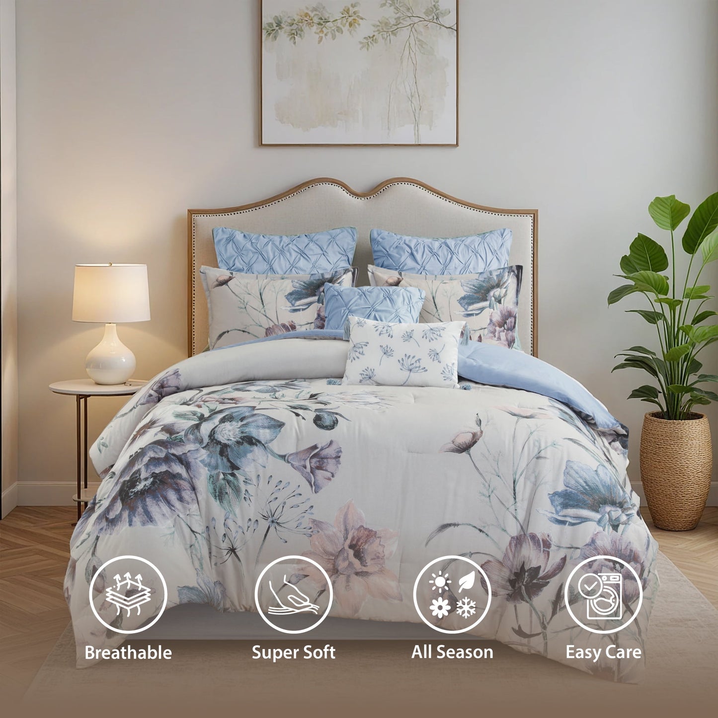 8 Piece Blue Floral Comforter Set, Cotton Comforter Bed in A Bag with Bedskirt