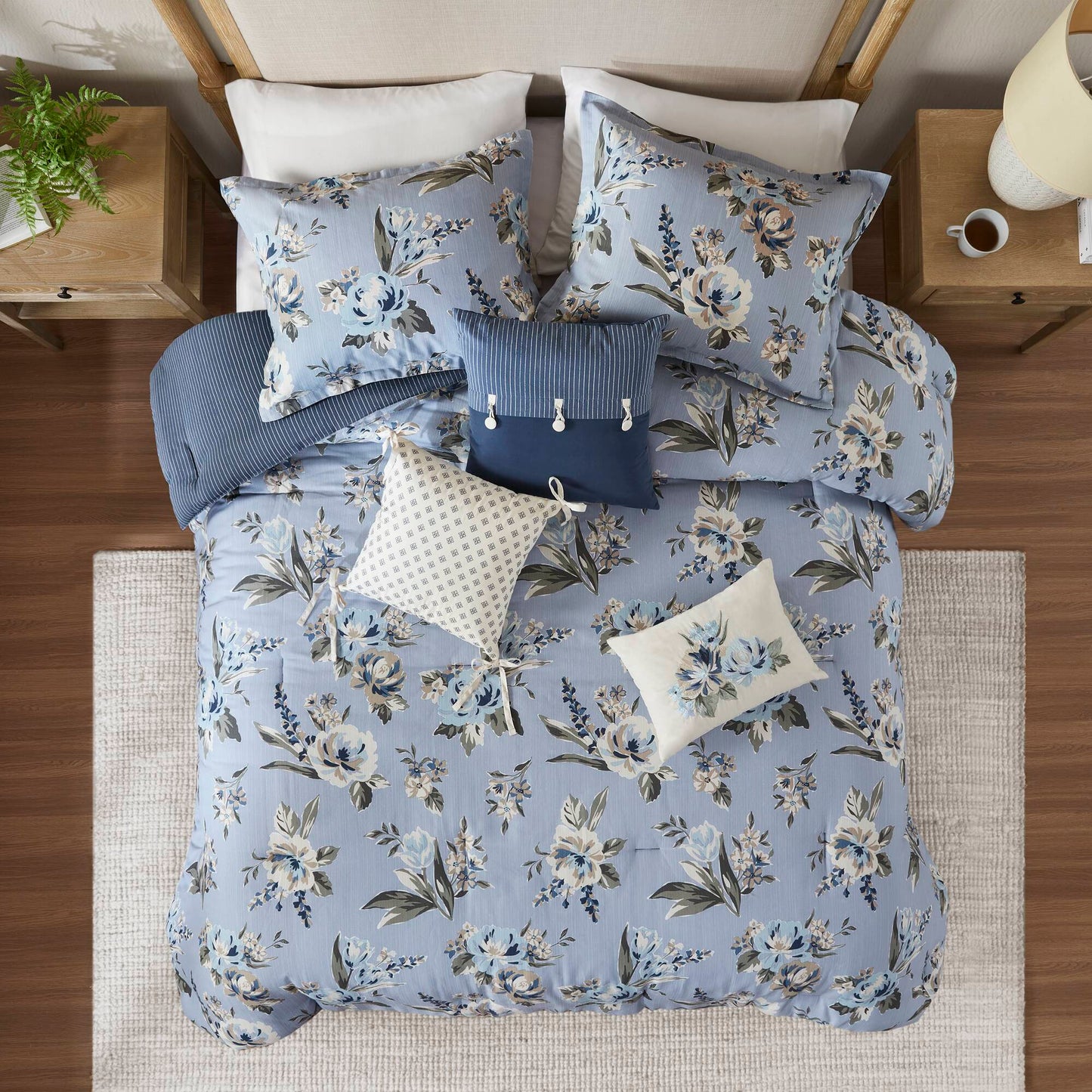 7 Piece Vintage Floral Reversible Comforter Set with Striped Reverse