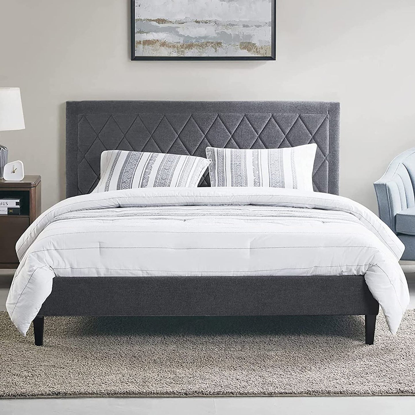 Queen Size Bed Frame with Headboard Tufted Upholstered Platform Bed