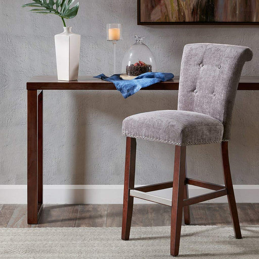 Solid Wood and Polyester Bar Stool in Gray