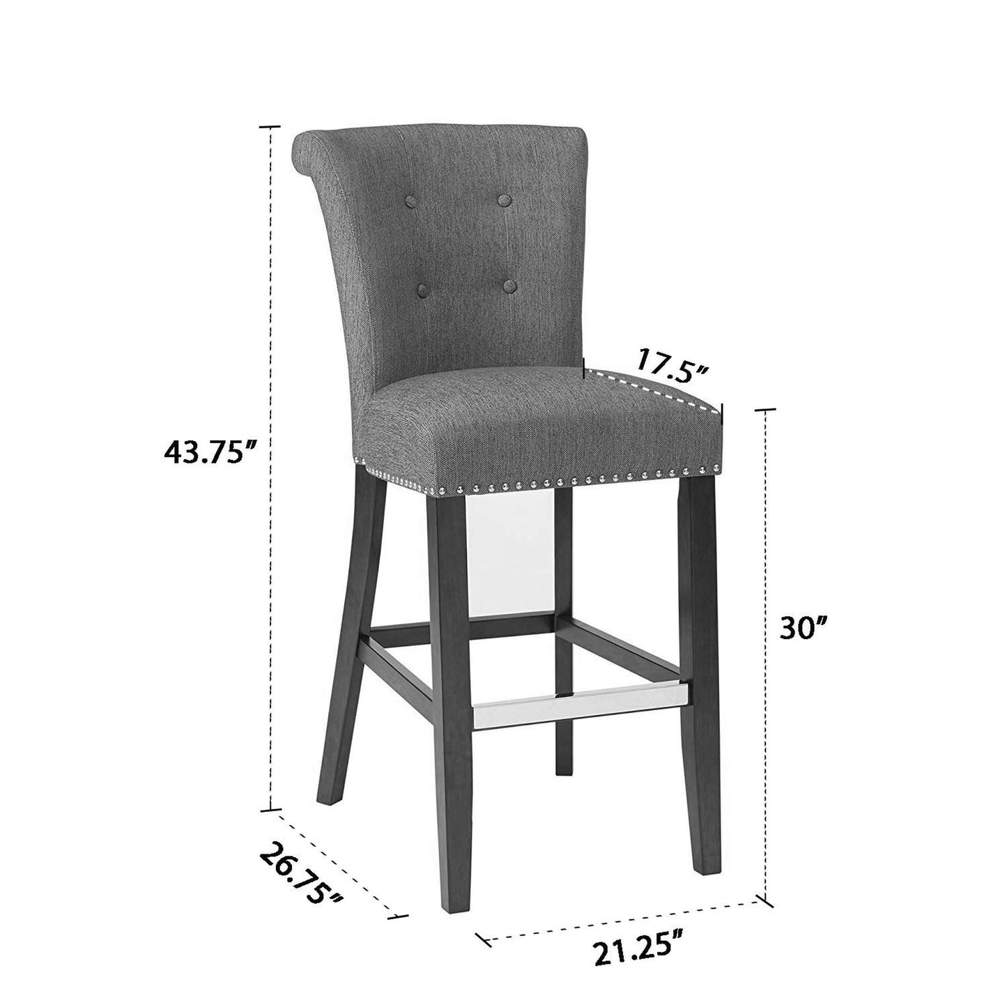 Solid Wood and Polyester Bar Stool in Gray