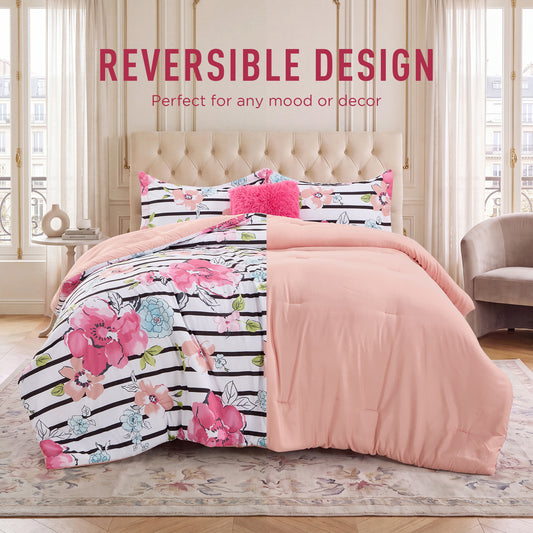 Rosalie Stripe Floral Bedding Comforter Set with Decorative Pillow