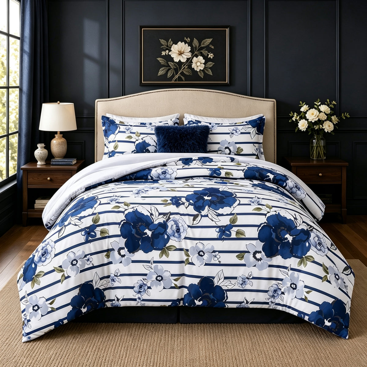 Rosalie Stripe Floral Bedding Comforter Set with Decorative Pillow