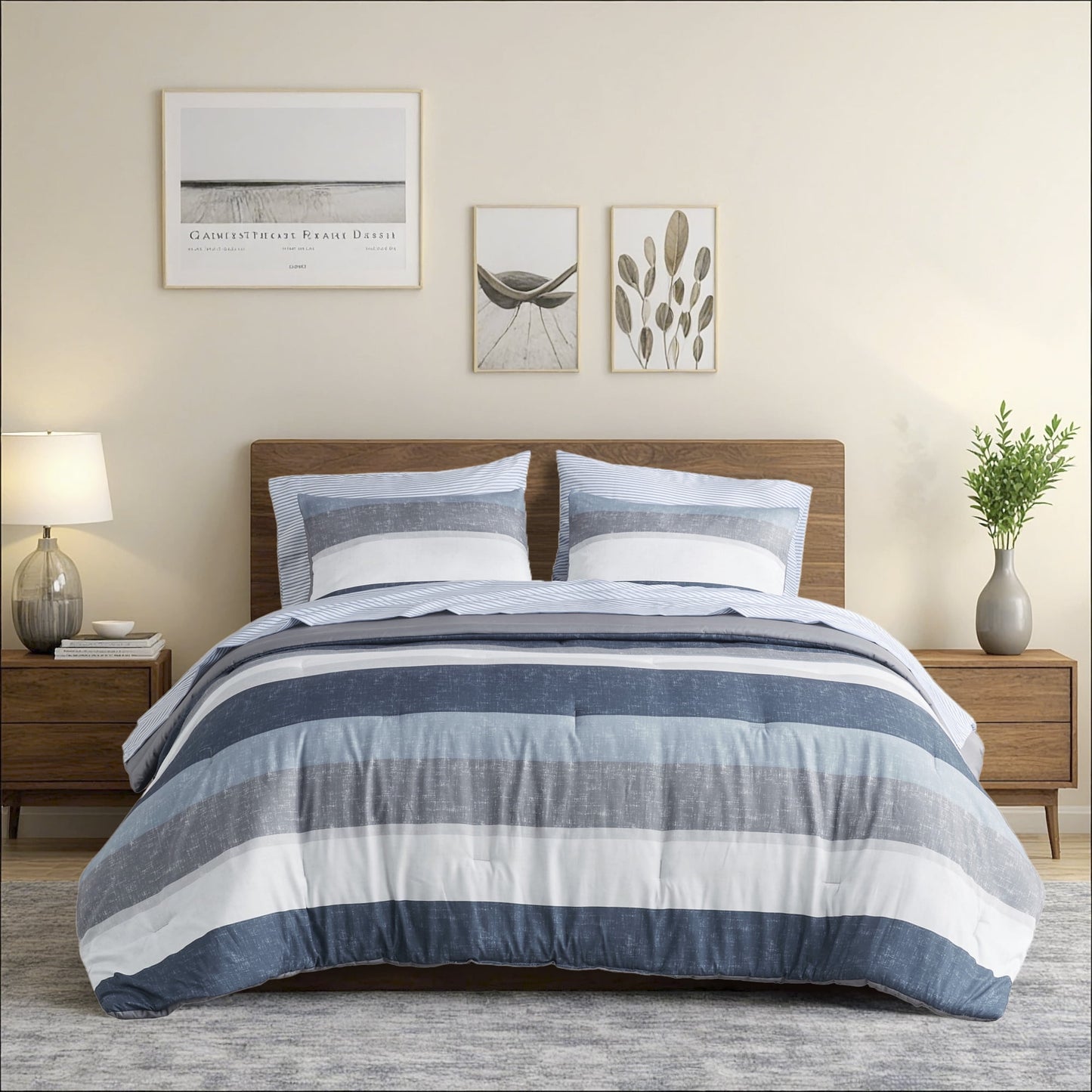 Stripe Comforter Set Bed in a Bag Bedding Set for Dorm Room, Comforter Bed Set with Flat Sheet and Fitted Sheet
