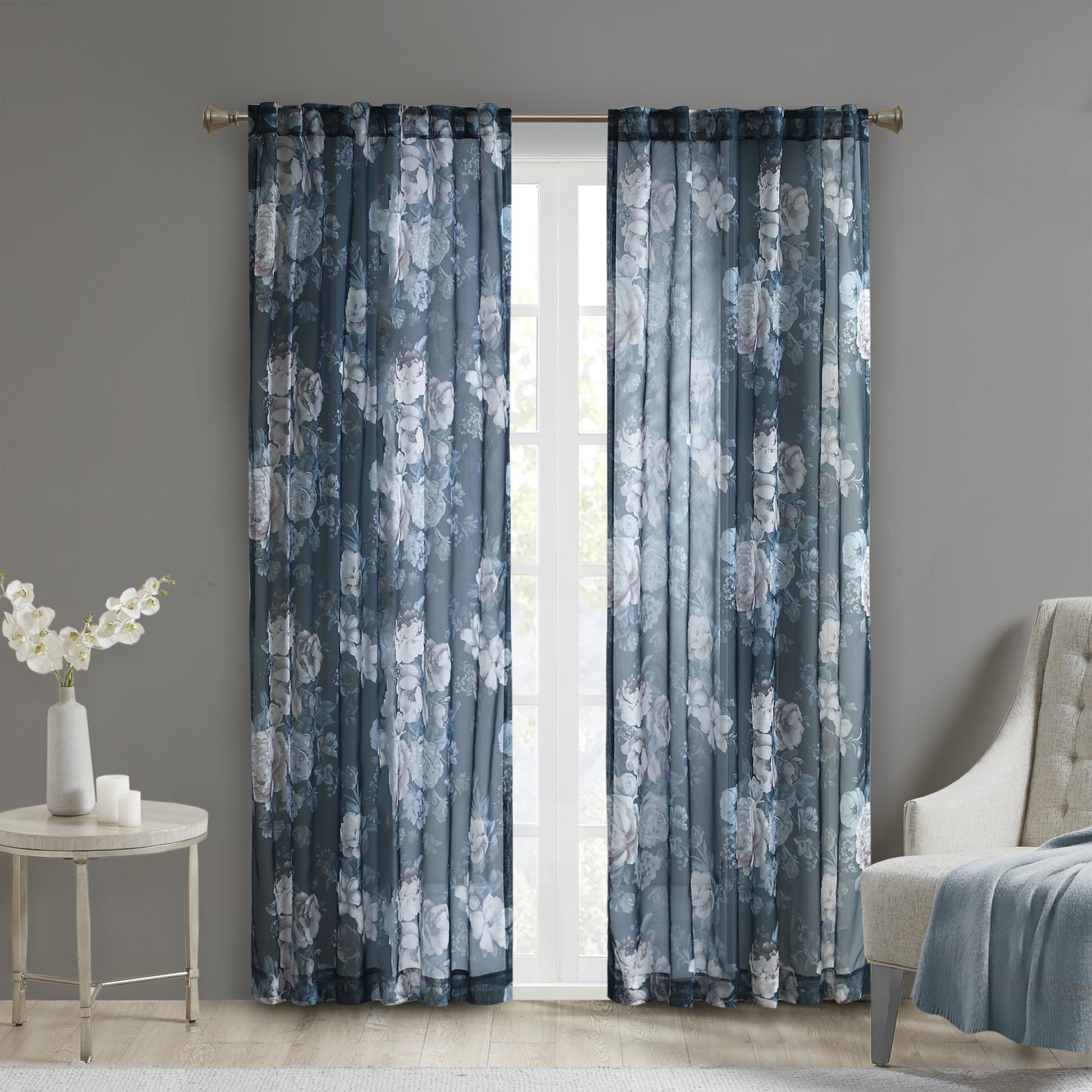 Printed Floral Rod Pocket and Back Tab Voile Sheer, Navy