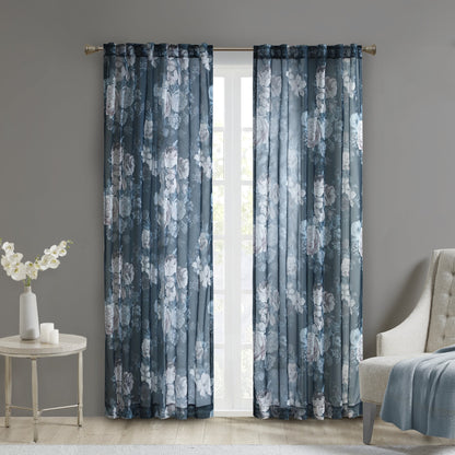 Printed Floral Rod Pocket and Back Tab Voile Sheer, Navy